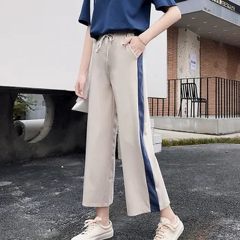 

Loose Pants Women Spring Autumn Color Matching Wide Leg Loose Elastic High Waist Straight Casual Pants