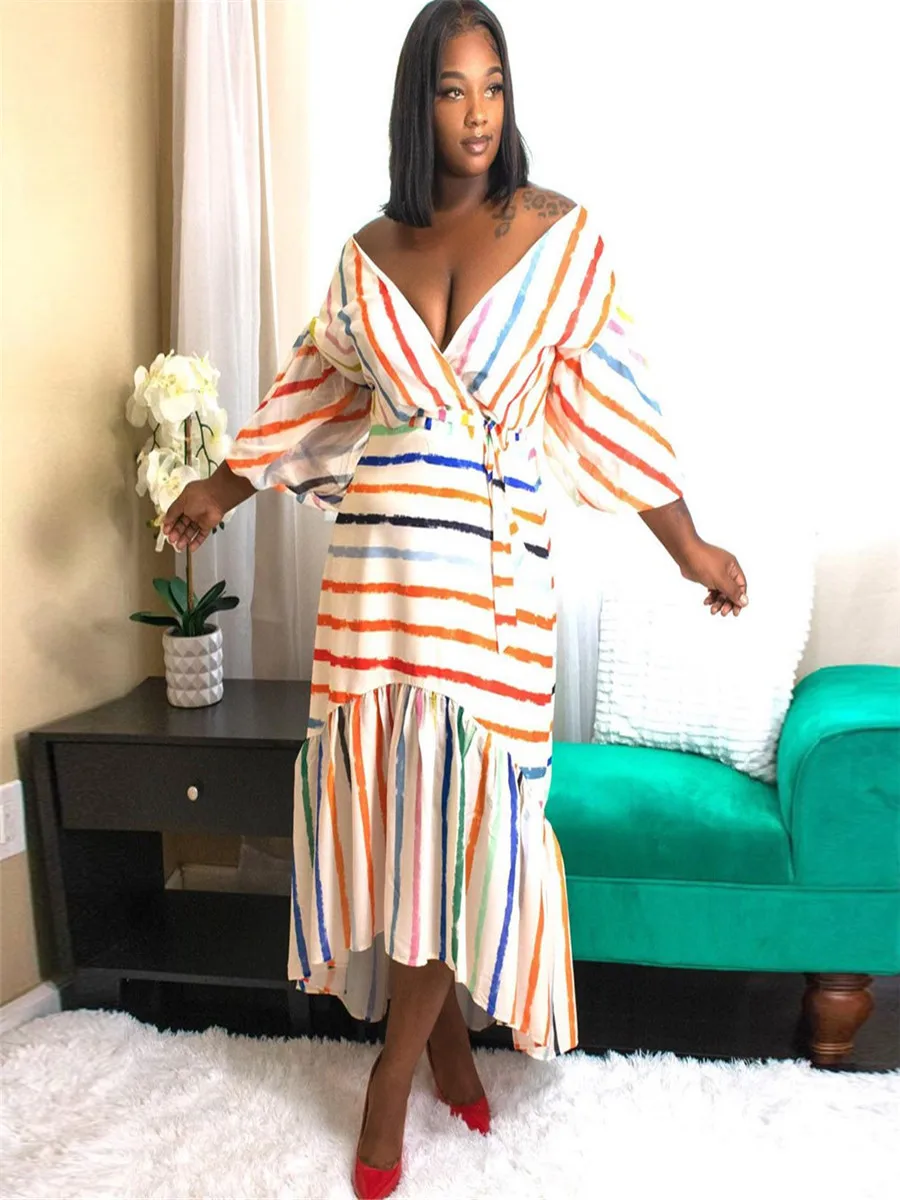 

Woman Dress Summer Autumn 2020 Casual Plus Size Dresses Striped V-Neck Long Dress Vestido Mujer Kobieta Sukienka Robe 