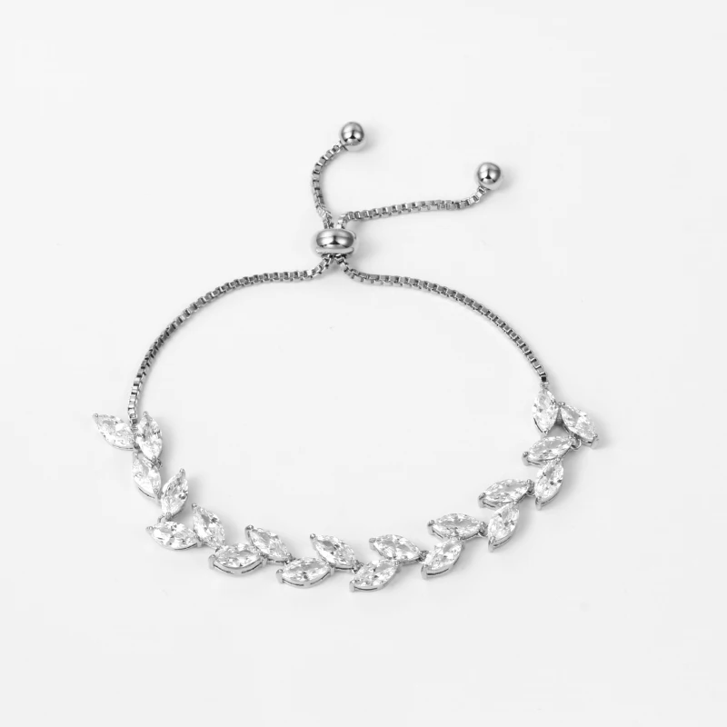 

Rhodium Silver / Rose Gold Color Plated Marquise Leaf Cubic Zirconia Adjustable Bracelets for Women or Bridal