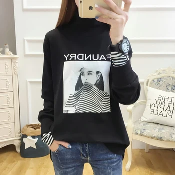 

Character Letter Women T Shirt Top Stripe Fake 2 Pieces Lady Pullovers Turtleneck Casual Autumn Lady T Shirts