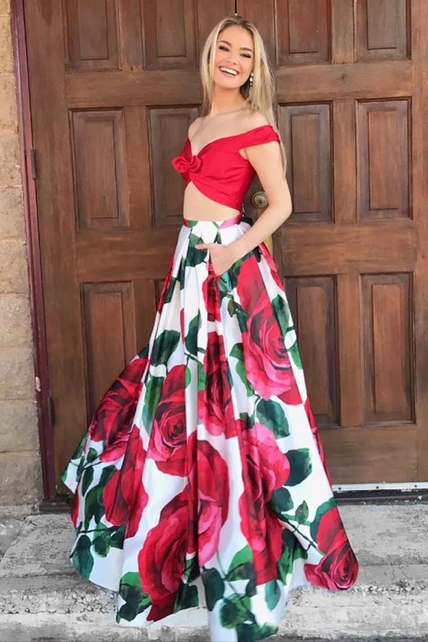Two Piece Off the Shoulder A-Line Red Floral Print Prom Dress