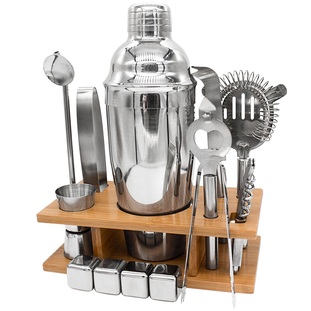 

Stainless Steel Bartender Kit 550ML/750ML Cocktail Shaker Bar Set with Wooden Rack Wine Mixing Tools Boston Cup Barware 9/13pcs