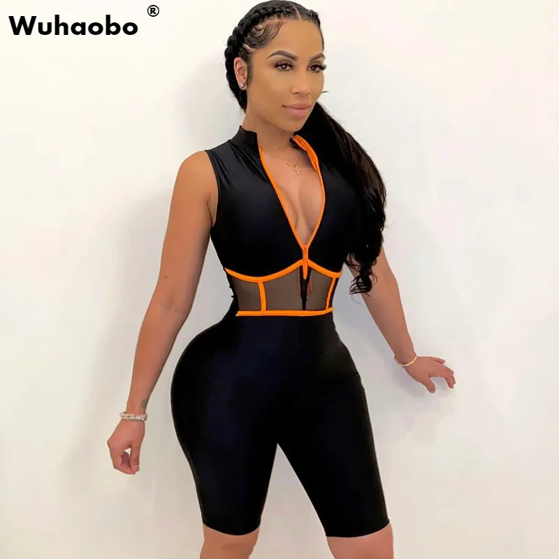 Buy Sexy Bodysuits Short Patchwork Streetwear Zipper Sports Summer Mesh Fitness Casual Red J9jOj1KQ6