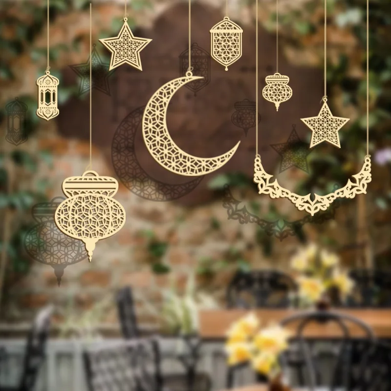 3Pcs Wooden Eid Mubarak Hanging Pendant Ornament Ramadan Kareem Gift