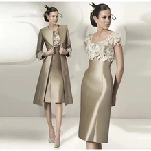 With Jacket Mother Of The Bride Dresses Sheath Knee Length Satin Appliques Plus Size Short Groom Mother Dresses For Wedding