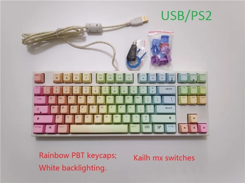 87 Механическая клавиатура rainbow PBT keycaps kailh mx коричневая синяя игровая TKL PS2 с белой