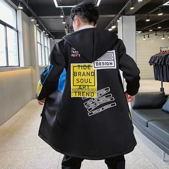 

Winter Long Trench Coat Men Letter Print Military Style Hooded Windbreaker Black College Hip Hop Streetwear Autumn Men's Jacket