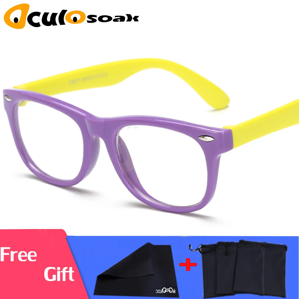 Безопасный силиконовый Дети прозрачные очки для мальчиков и девочек очки с гибкой оправой оправа для детских очков оправа для корригирующих очков для детей - Цвет оправы: purple yellow