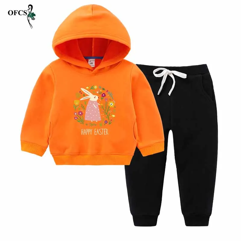 Orange add Black Комплекты одежды для девочек; зимние теплые детские повседневные толстовки из хлопка с длинными рукавами; флисовое пальто+ штаны; спортивные костюмы из 2 предметов; детская спортивная одежда - Цвет: Orange add Black