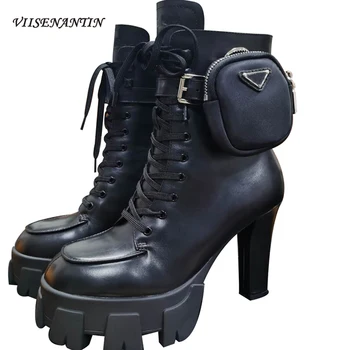 

High Heel Platform Motorcycle Runway Fashion Pocket Bag Decor Ladies Ankle Boots Winter Real Leather Designer Brand Shoes Women