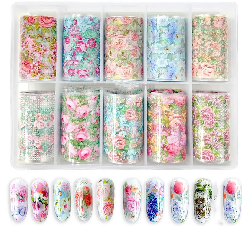 10 Pcs/set Holographic Nail Foil Flower Slider/Galaxy Transparent AB Color Nail Transfer Sticker Decals For Nail Foil Set NZ07