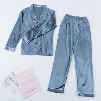 

2 Pieces Faux Silk Satin Pajamas Set Autumn Women Sleepwear Long Sleeve Home Suits for Women Ladies Solid Color Nightwear