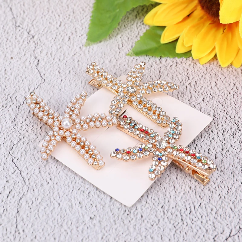 Fashion Rhinestone Pearl Starfish Hairpin Barrettes For Women Girls Hair Clips Bridal Headpiece Summer Beach Hair Styling Tool
