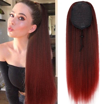 

XINRAN Afro Synthetic Yaki Straight Ponytail Hair Drawstring Ponytails Hair Extensions For Black Women High Temperature Fiber