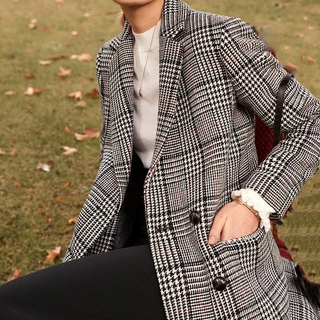 Women Wool Blend Plaid Double-breasted Long Sleeve Woolen Blazer Top With Notched Collar