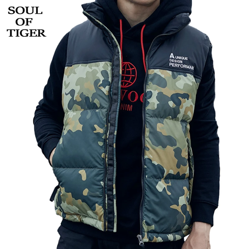 SOUL OF TIGER, новинка, Корейская Зимняя мода, мужской свободный Камуфляжный жилет, мужские Безразмерные жилеты, теплые толстые хлопковые стеганые пальто