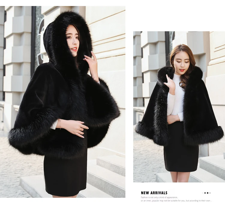 Новое Женское осенне-зимнее модное пальто из искусственного лисьего меха с капюшоном, свободное теплое пальто-пончо, плащ-манто casacos