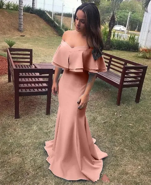 Fashion Elegent Summer Mermaid Evening Dresses Off Shoulder Zipper Back Satin Long Formal Prom gowns vestido de festa