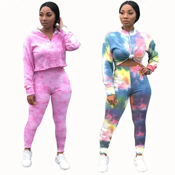 

Autumn Digital Print Two Piece Outfits Zipper Full Sleeve Bandage Crop Top Pants Women Tracksuits Casual Club Rompers Streetwear