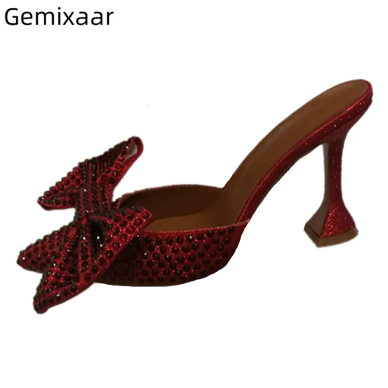 

Bling Sequins Slippers Woman Pointy Toe Decor Rivet Bowtie Slim Shallow Party Slides Strange High Cup-shape Heel Slippers Woman