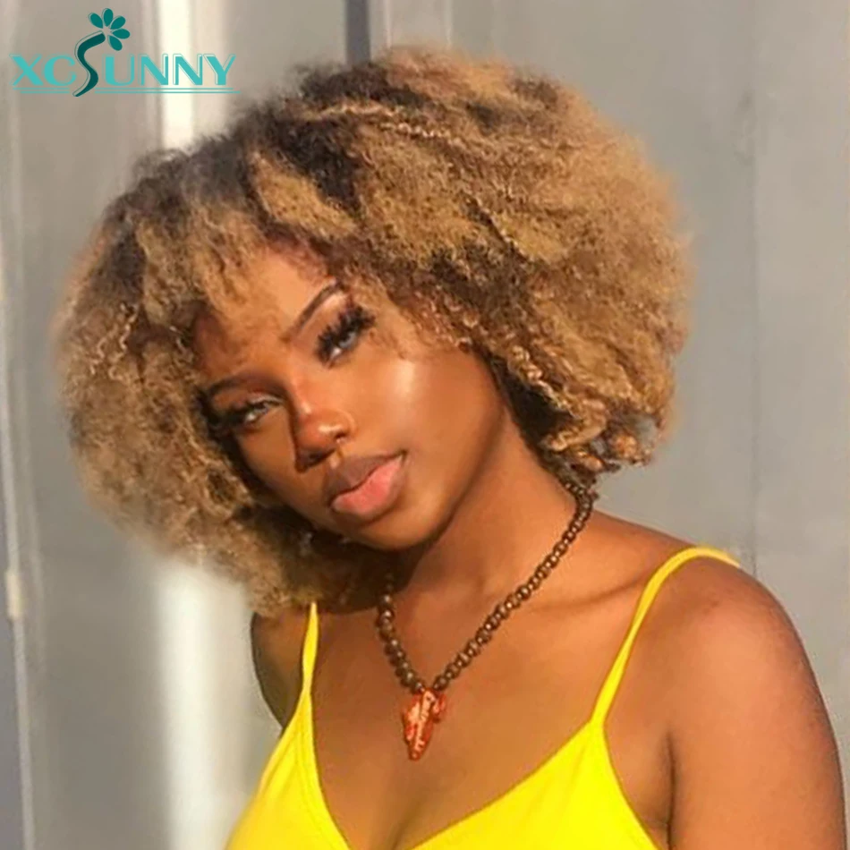 Full Machine Made Scalp Top Wig Afro Kinky Curly Ombre Human Hair Wig With Bangs Remy Brazilian 200 Density Blonde Wig Xcsunny