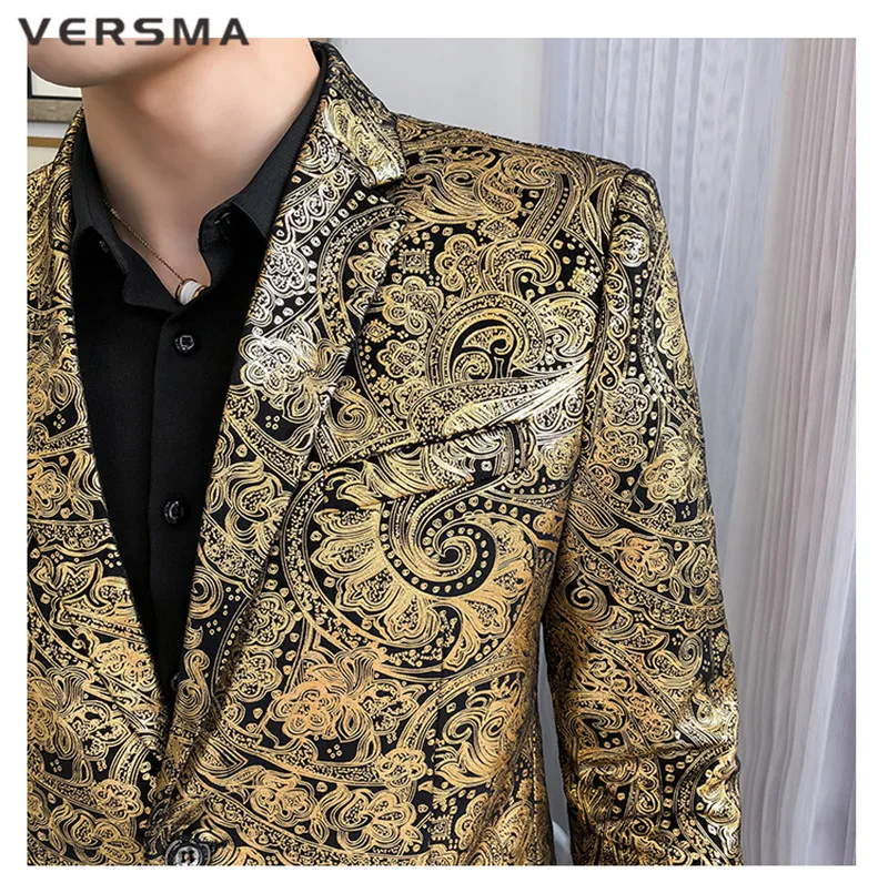 VERSMA Высокое качество золото Slim Fit сценический Блейзер костюм куртка для мужчин модный британский стиль свадебные мужские дизайнерские костюмы блейзеры Мужские 5XL