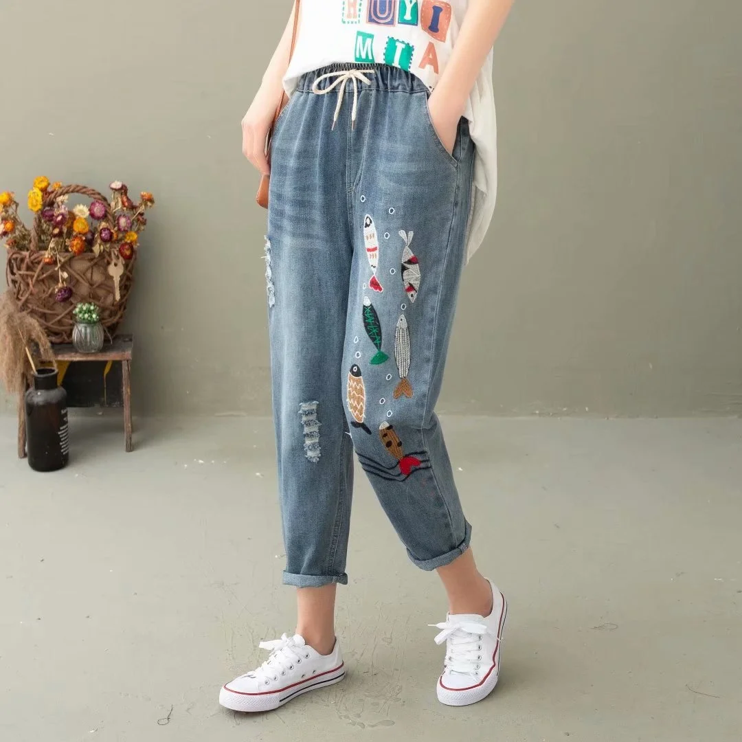 ripped jeans Elastic Waist Jeans Ladies Vintage Embroidery Trousers Women Casual Retro Floral Denim Cowboy Ripped Harem Pants Yalabovso jeans pant