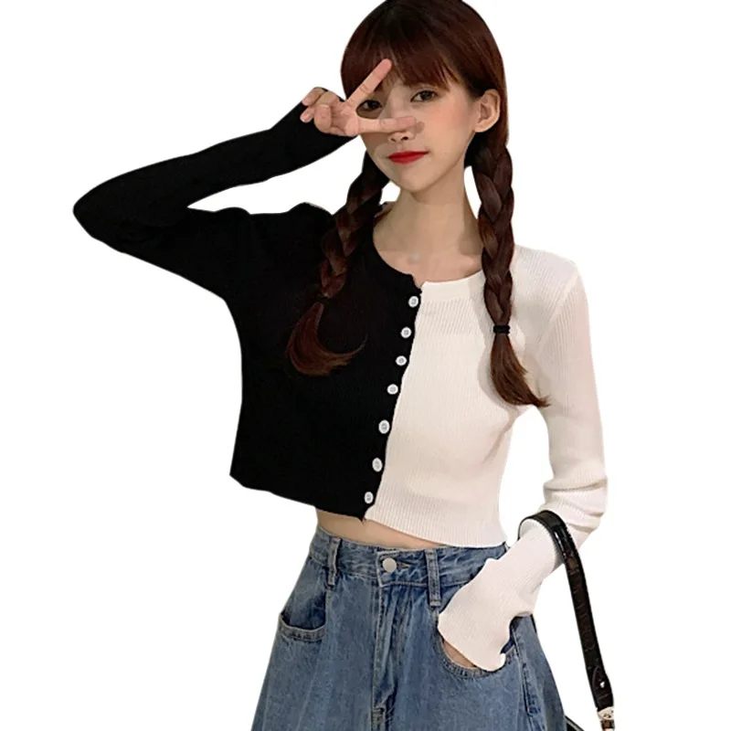 

Korean Version Of Women's Round Collar Stitching Contrast Color Exposing Navel Long Sleeve Cardigan Jacket Purple Uniform Code