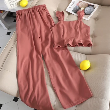 

Summer Women 2pcs Set Suit Yellow/Green Short Strap Camis + Wide Leg Pants Casual Female Two Piece Set Short Tops + Trouser New