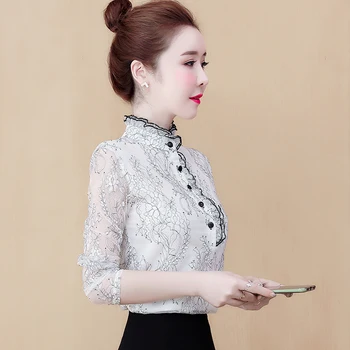 

COIGARSAM Fashion Lace blouse women New Spring Office Lady Full Sleeve Chiffon blusas womens tops and blouses White 8926