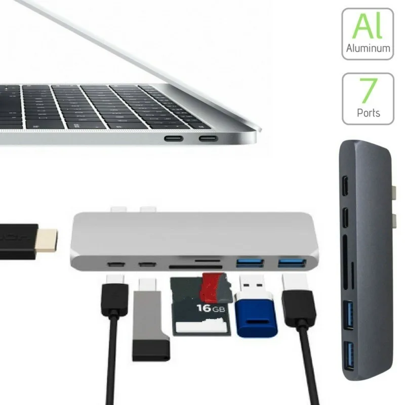 7в1 USB-C концентратор двойной тип-c многопортовый кардридер адаптер 4K HDMI для MacBook Pro BBY