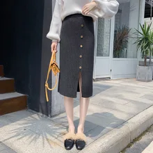 Knit winter skirt long skirts womens2019 autumn and winter skirt long skirt was thin single-breasted split midi skirt