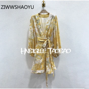 

ZIWWSHAOYU Autumn Female Yellow Floral Print V-Neck Dresses Fashion Designer Women Long Sleeve Bow Belt Vintage Linen Mini Dress