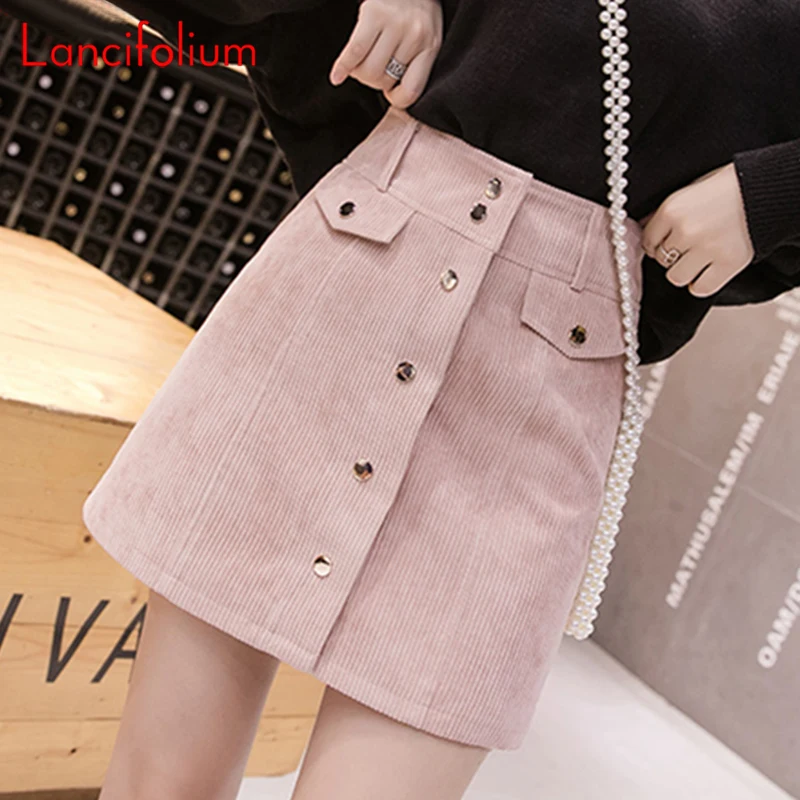 

Corduroy Mini Skirt Women summer Autumn A Line Korean Kawaii Skirt Ladies Button Up Vintage Pink High Waist Skirt Short Skort
