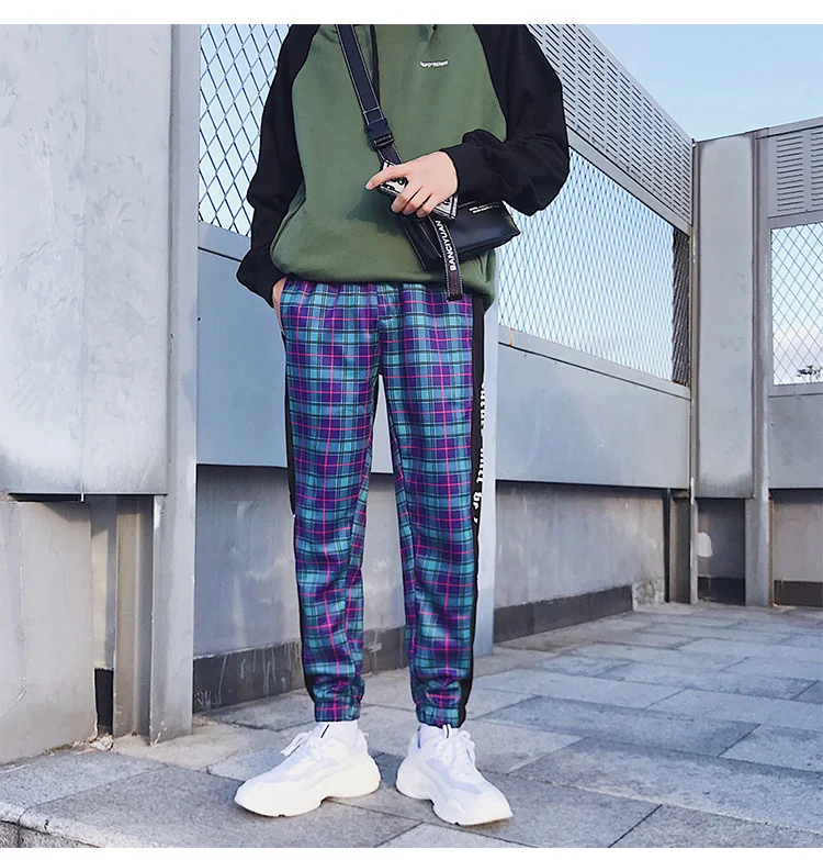 Liketkit Мужские штаны для бега, уличная одежда, мужские лоскутные хлопковые синие спортивные штаны в стиле хип-хоп, мужские клетчатые брюки длиной до щиколотки INS