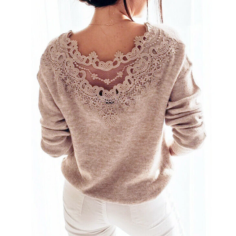Hirigin Spring Elegant Lace Stitching Backless Pullover Ladies Long Sleeve Jumper Tops Knitted Sweater Bodycon Women Clothes short sleeve cardigan