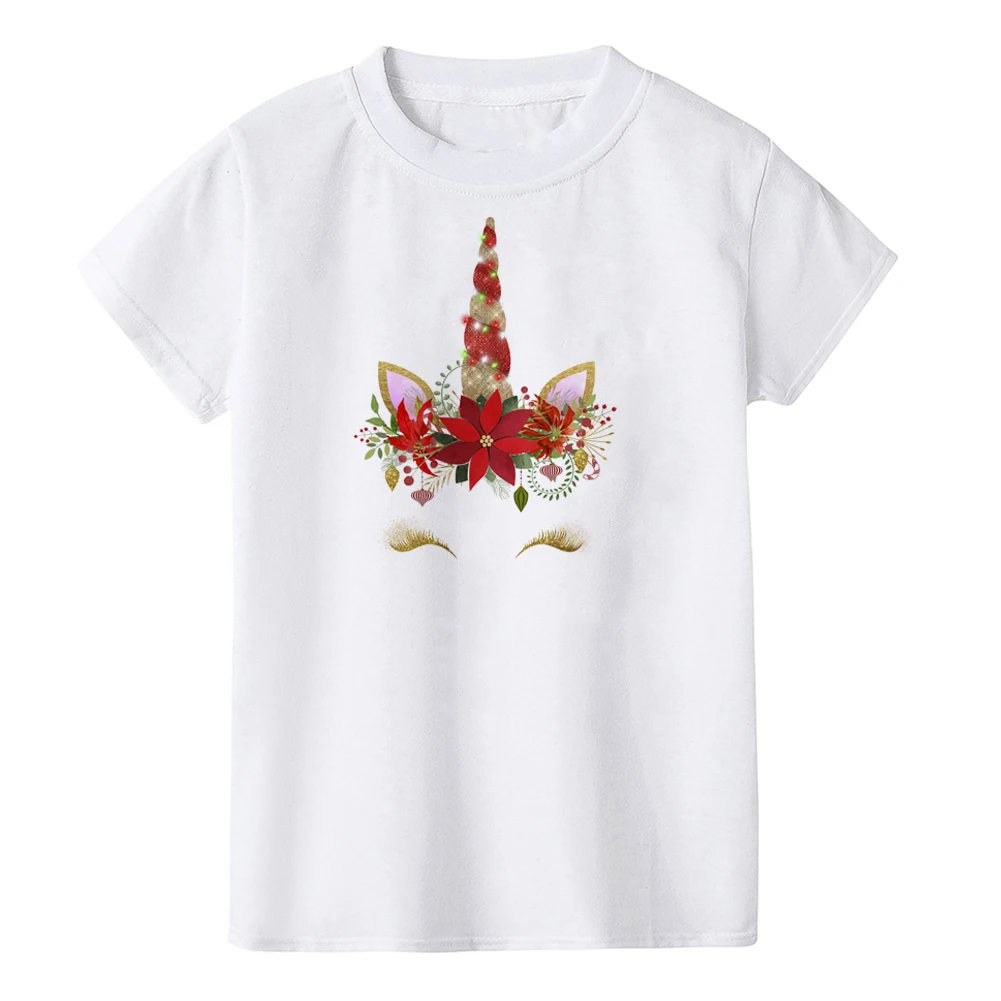 Детская Рождественская футболка; Милая футболка с принтом единорога для маленьких девочек; забавные детские модные вечерние футболки с короткими рукавами; топы
