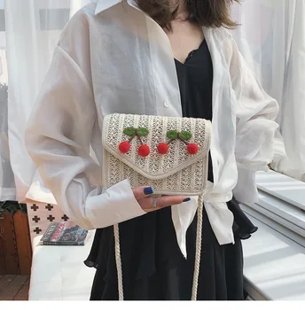 

Woven Straw Crossbody Bag for Women Cherry Strawberry Creative Handmade Rattan Woven Handbag Shoulder Bag For Beach Travel