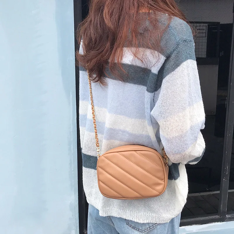 

2019 Spring And Summer Korean-style INS Solid Color Pressure Cable Versatile Zipper Square Sling Bag Shoulder Casual CHIC Chain