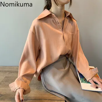 

Nomikuma New Women Satin Blouses Shirts 2020 Spring Summer Fashion Korean OL Style Elegant Office Lady Solid Ladies Tops 3Z011