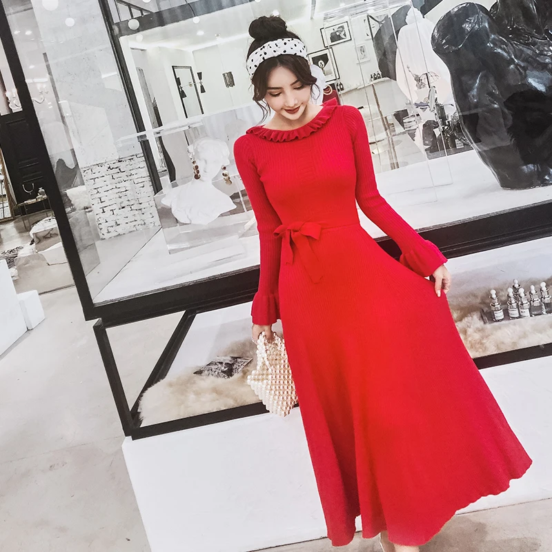 

2019 Autumn New Ladies Long Sweater Knitting Dress Women Flare Sleeve Ruffled Neck Elegant Big Swing Winter Warm Knit Dresses