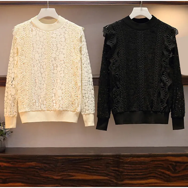Элегантные кружевные блузы размера плюс, абрикосового цвета, 5XL, сексуальные женские рубашки с оборками, женские Топы с длинным рукавом на лето и осень