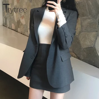 

Trytree Autumn Winter Women Two Piece Set Casual Turn-down Collar Single Breasted Tops + Skirt Mini Office Lady Suit 2 Piece Set