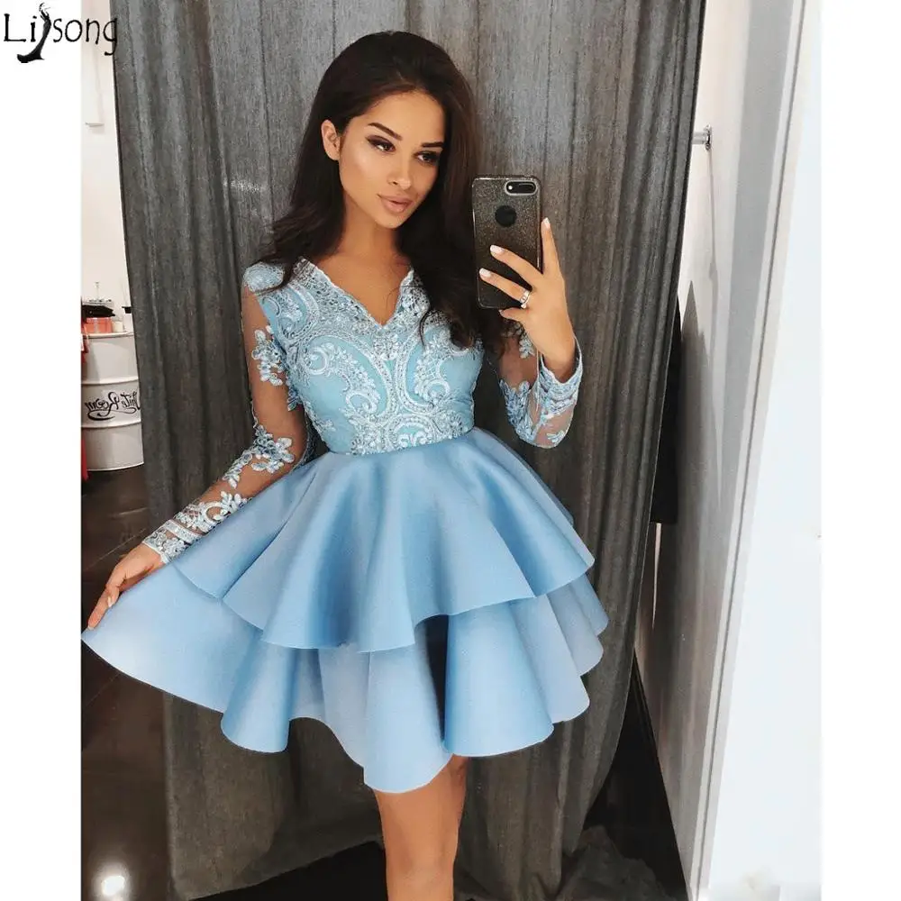 Светильник голубые кружевные трапециевидные платья для выпускного вечера с V