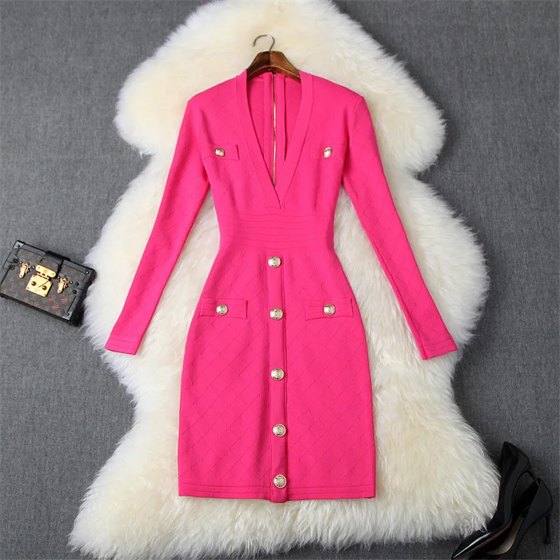 Сексуальное облегающее женское платье с v-образным вырезом и длинным рукавом