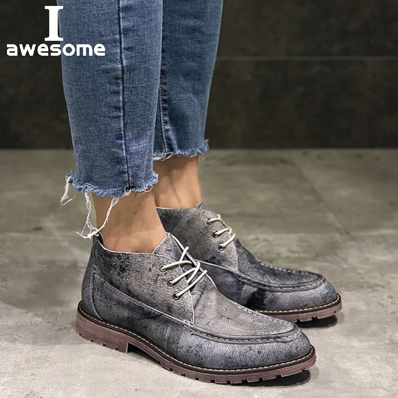 

Natural Cow Leather Shoes Men Boots Casual Fashion Lace-up 2019 Handmade Retro Men warm boots Vintage Brogue College Style