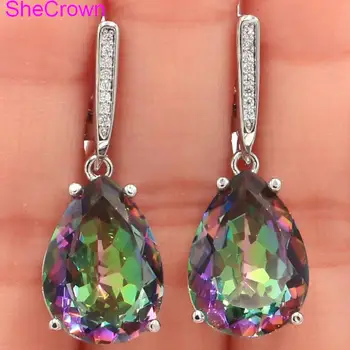 

35x13mm Deluxe Water Drop Shape 18x13mm Fire Rainbow Mystic Topaz CZ Ladies Silver Earrings