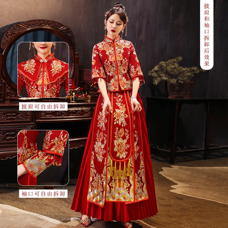 Modern Improved Chinese Traditional Couple Wedding Dress Embroidery Long Cheongsam Stylish Elegant Bride китайская одежда