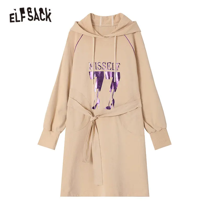 ELFSACK женское платье с капюшоном и буквенным принтом на шнурке, осень, повседневное свободное платье трапециевидной формы с поясом для офиса, повседневные платья для девушек