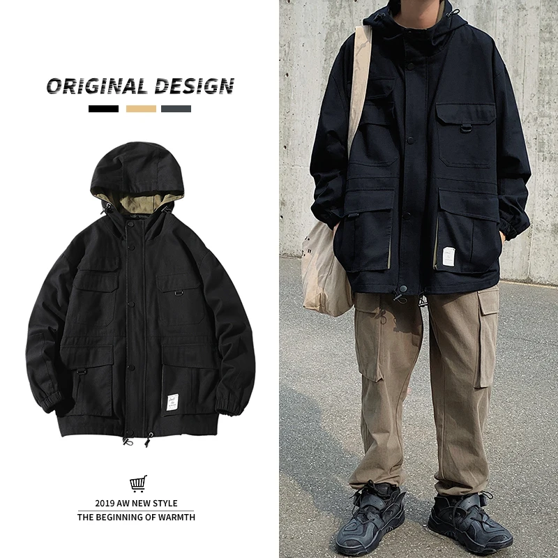 

2019 Autumn And Winter Men's New Casual Solid Color Pocket Hooded Jacket Men Loose Temperament Trend Cotton S-3XL
